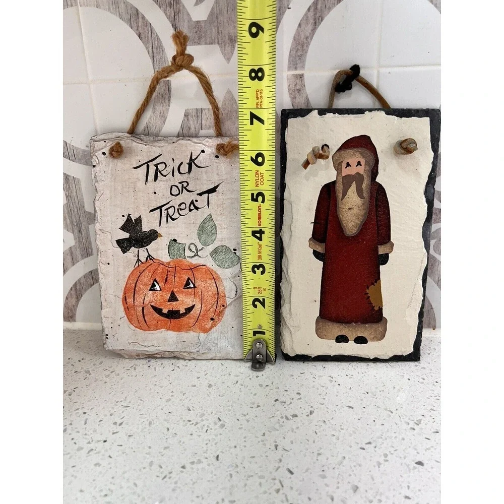 2 Hand Painted Christmas‎ And Halloween Slate Wall Plaque Hanging Country Decor